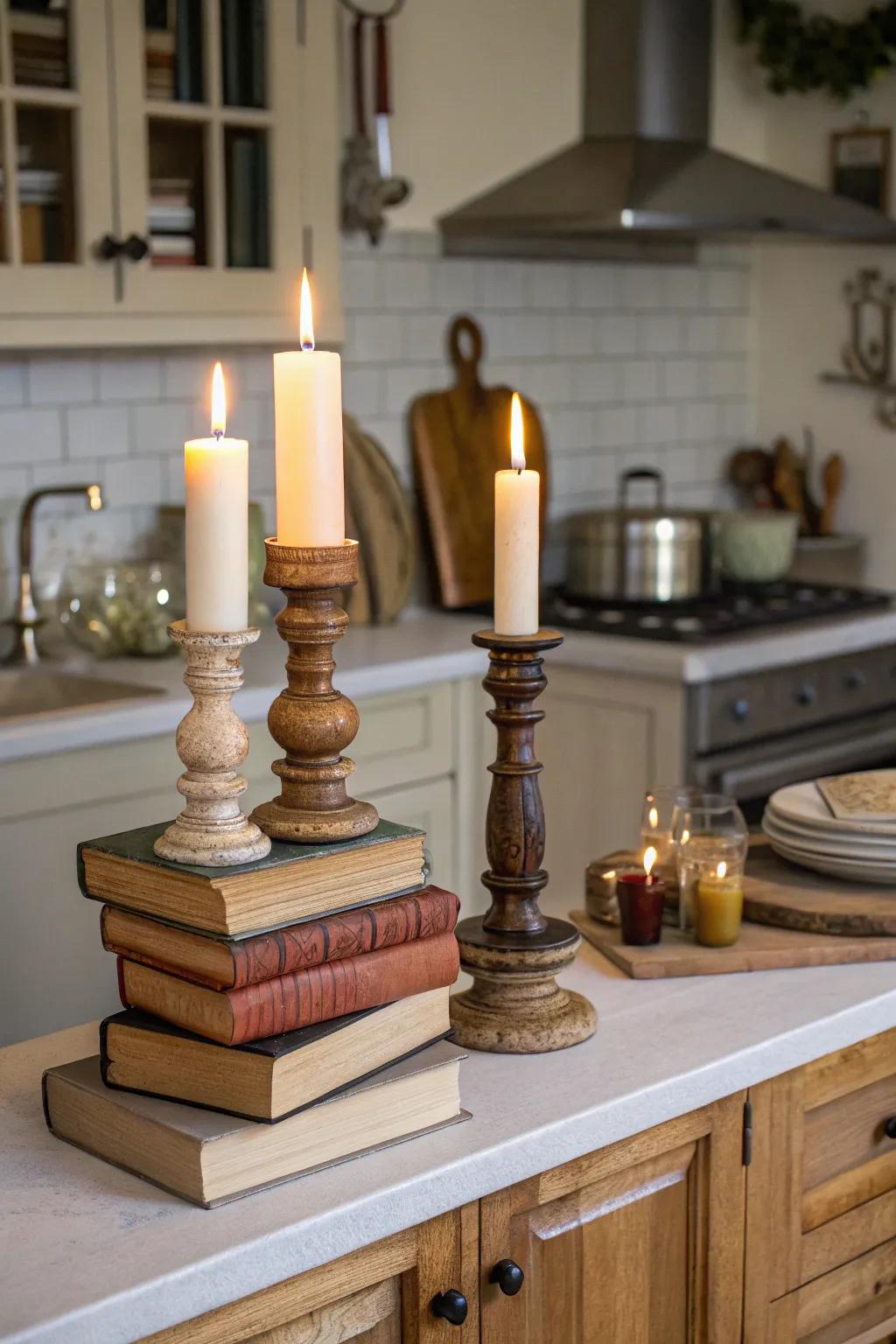 Create depth with decor of varying heights above your cabinets.