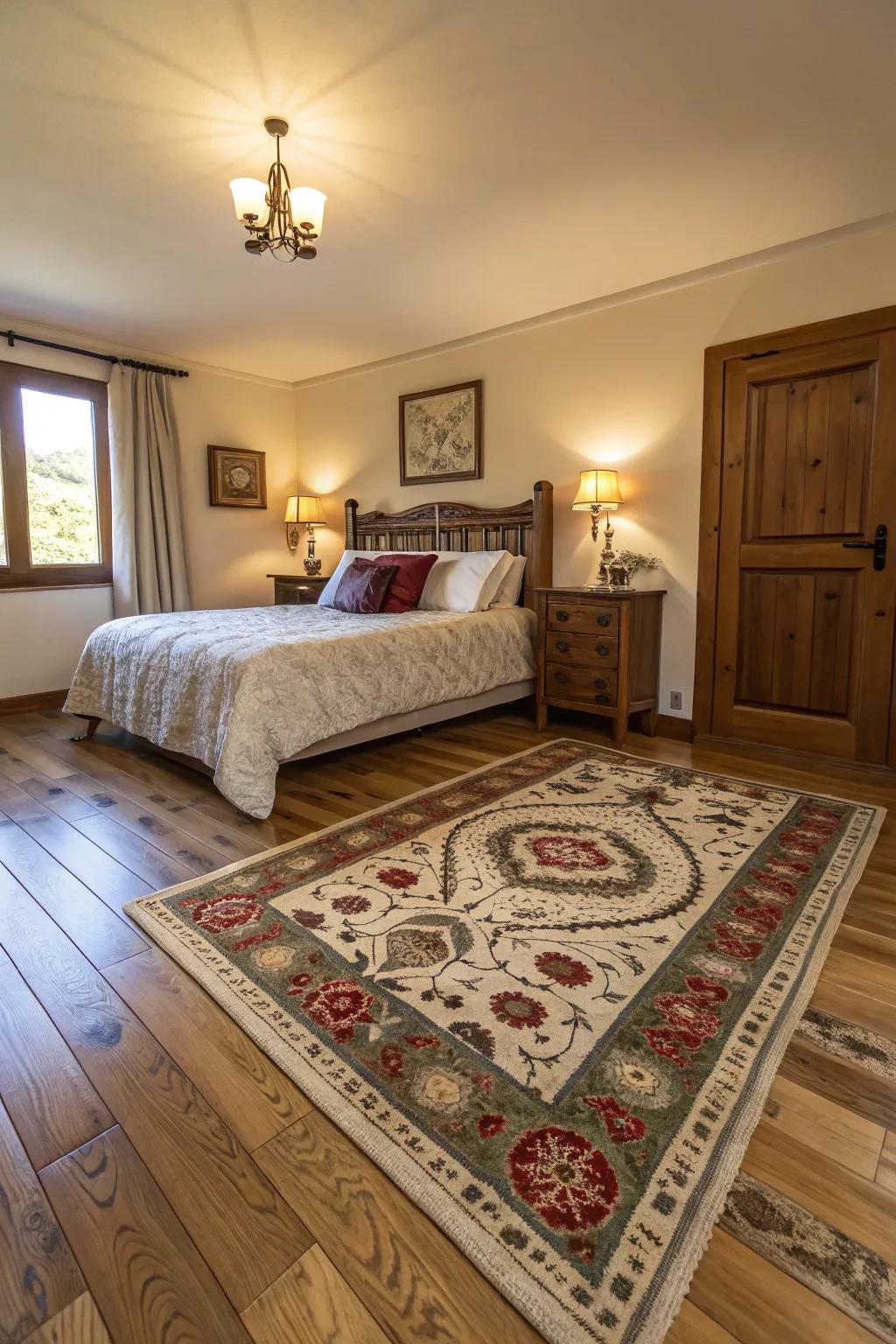 Accent rugs enhance wooden floors with warmth and sophistication.