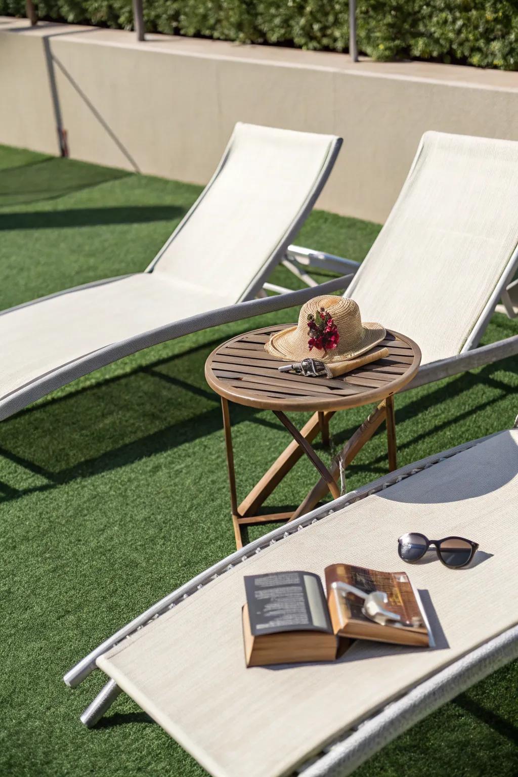 A sunlit lawn space ideal for sunbathing.