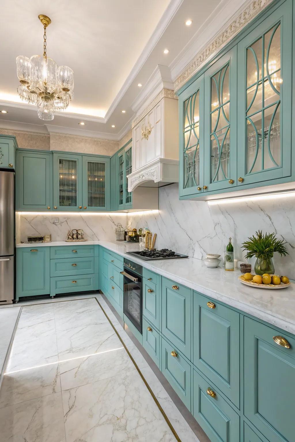 Stone countertops providing a sleek contrast to turquoise cabinetry.