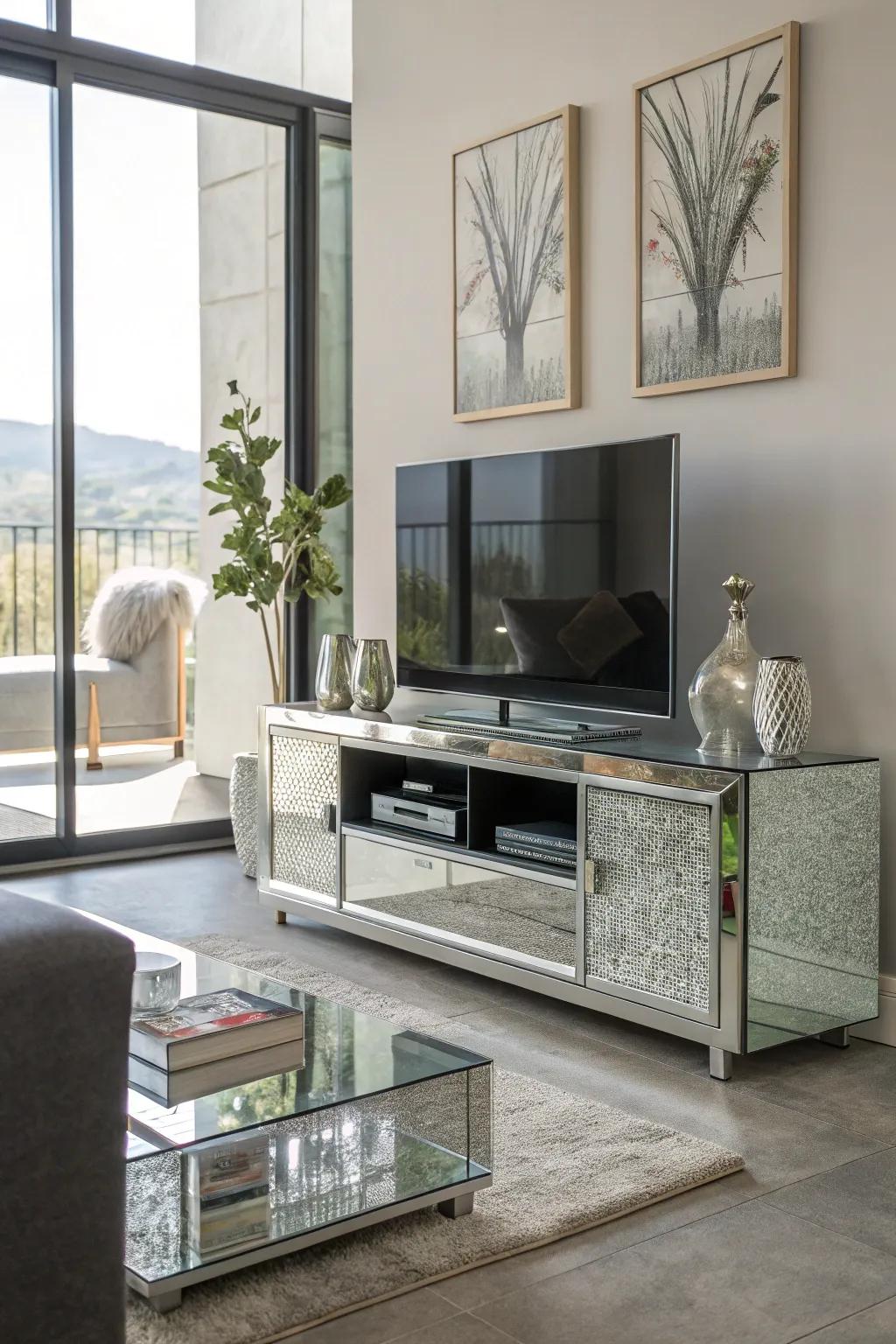 Glass components introduce a touch of refinement to the TV stand.