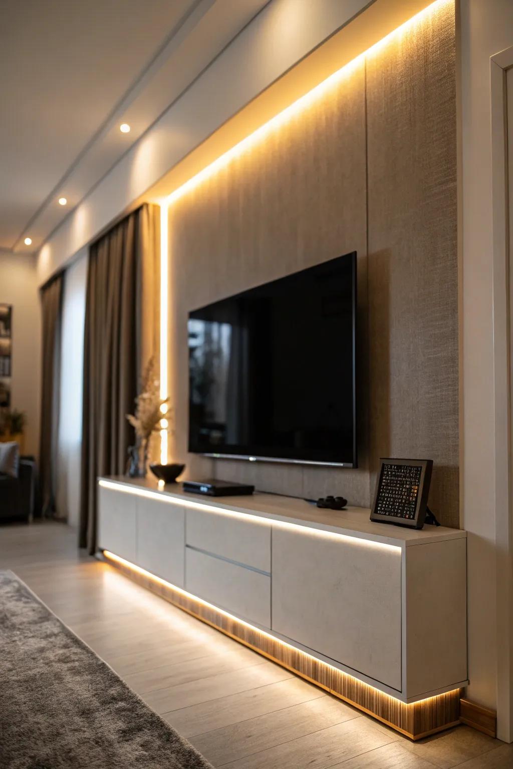 Contemporary lighting elevates the ambiance of this TV wall.