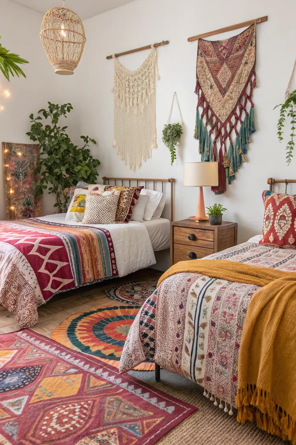 A themed shared bedroom featuring bohemian influences.