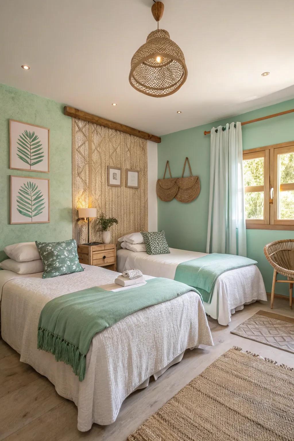 A serene bedroom featuring seafoam and sand walls, inviting relaxation.