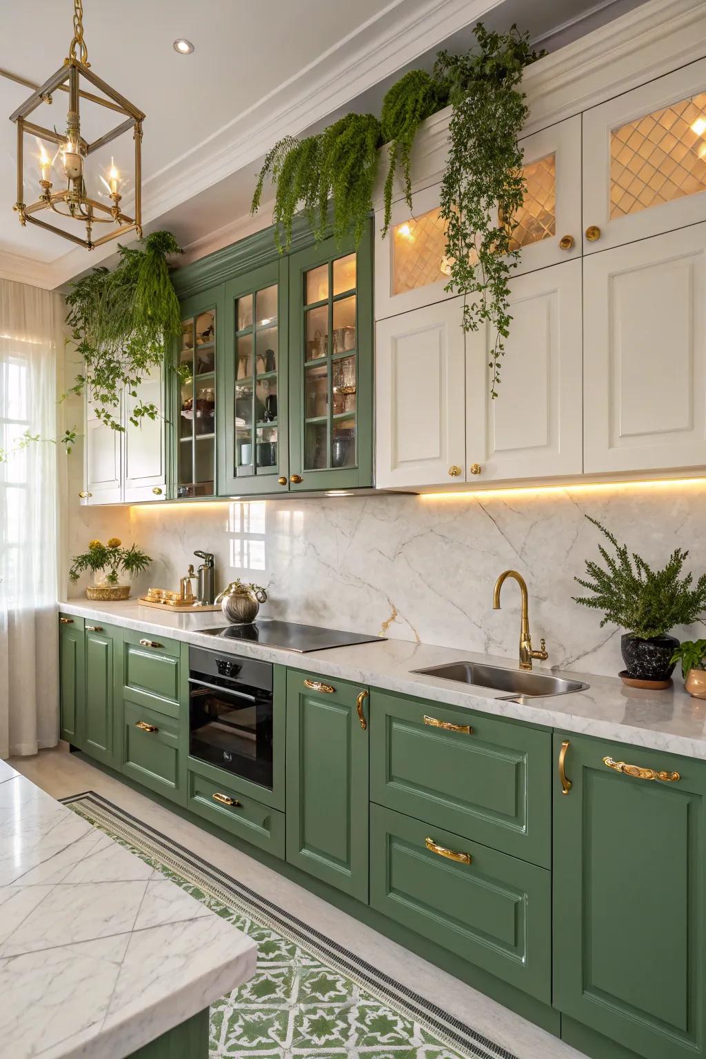 An earthy forest and gilded kitchen that exudes luxury.