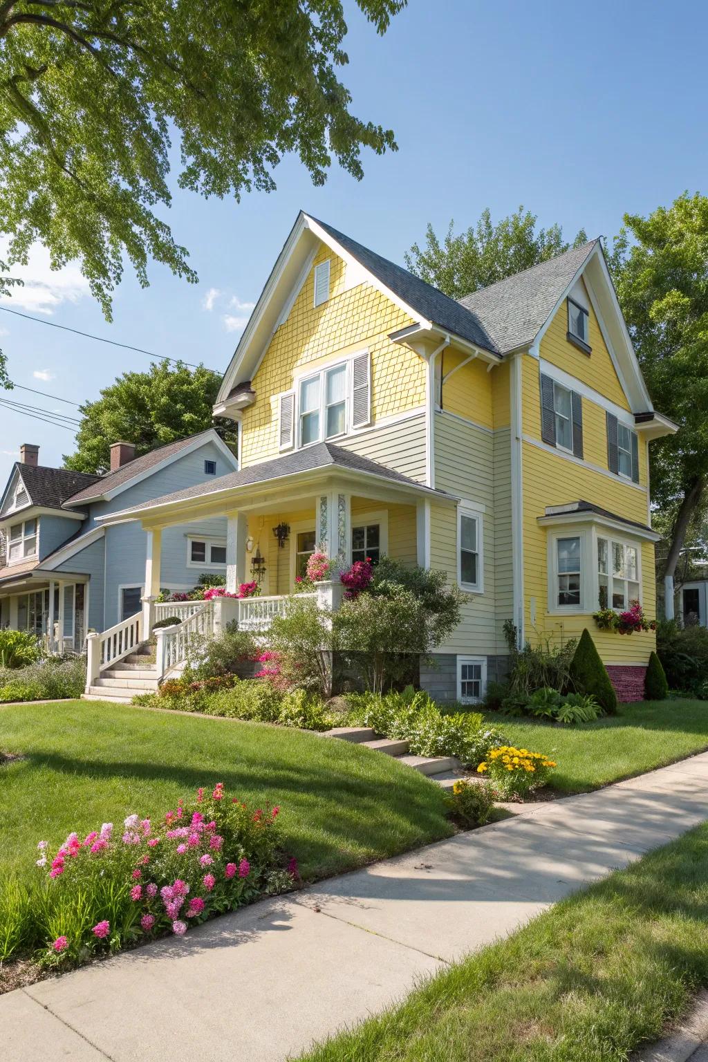 The joyful splash of yellow and gray siding.