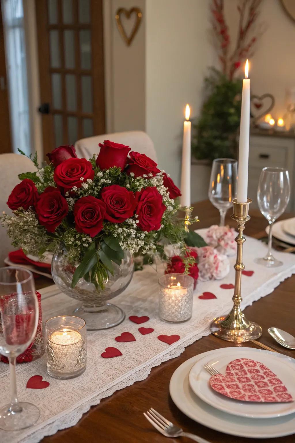 Table setting with a floral centerpiece and themed decor.