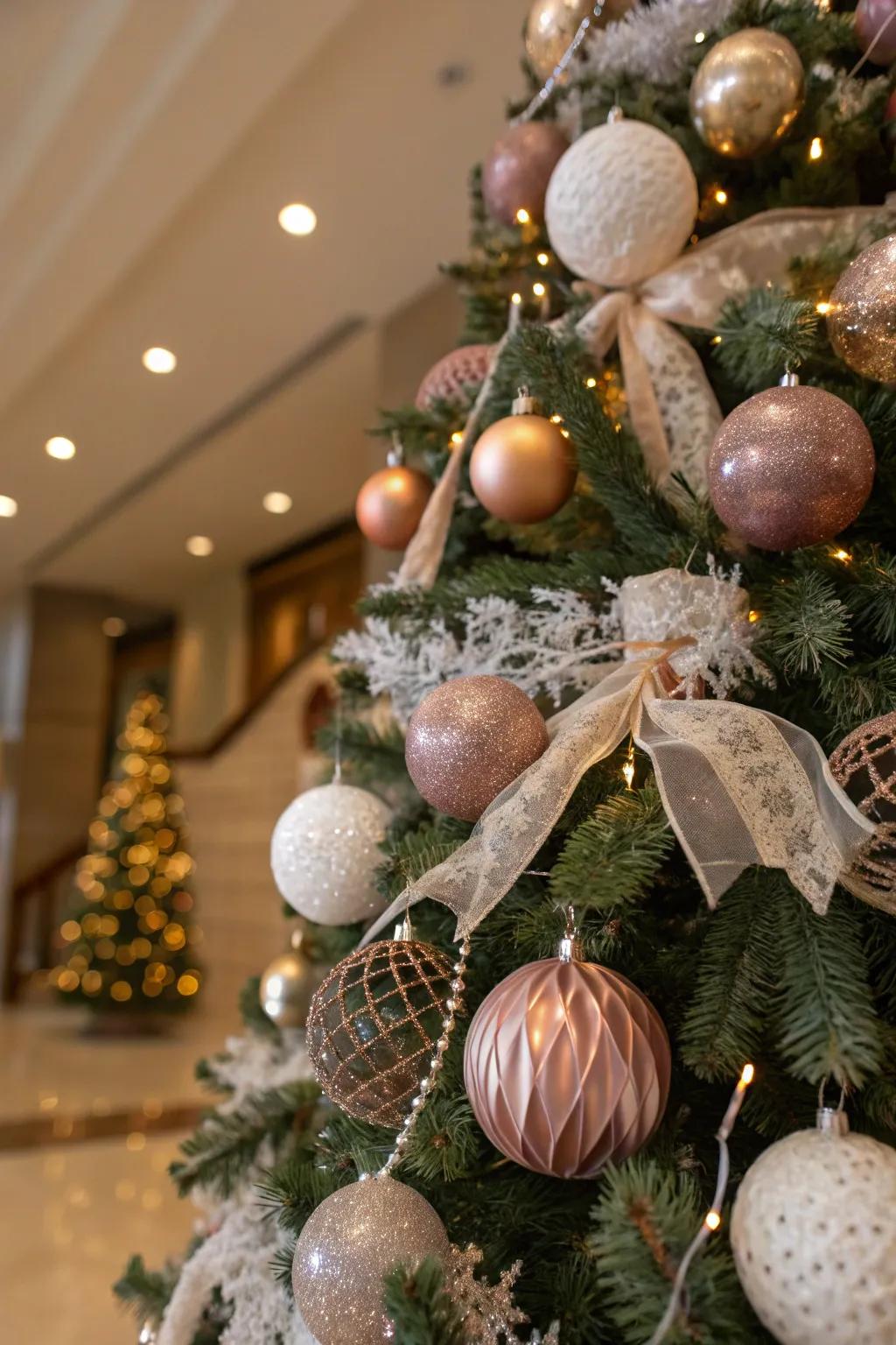 Layered textures create a rich and inviting look for your tree.