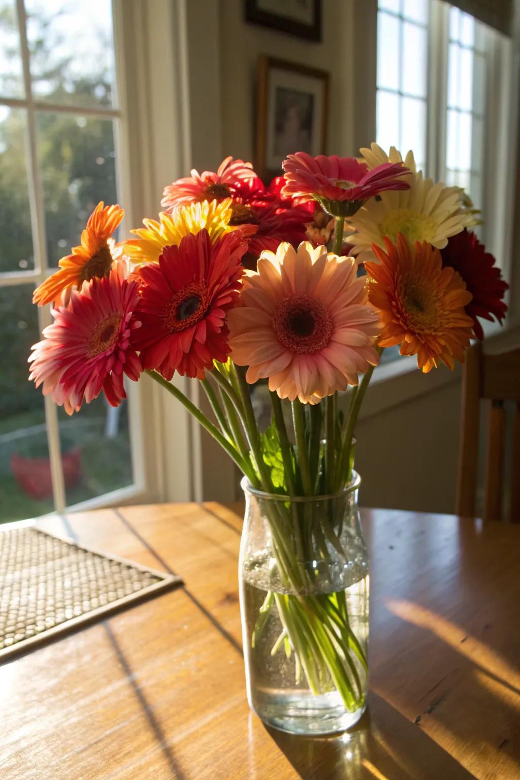 Joyful gerbera daisy arrangement illuminating a cooking area.