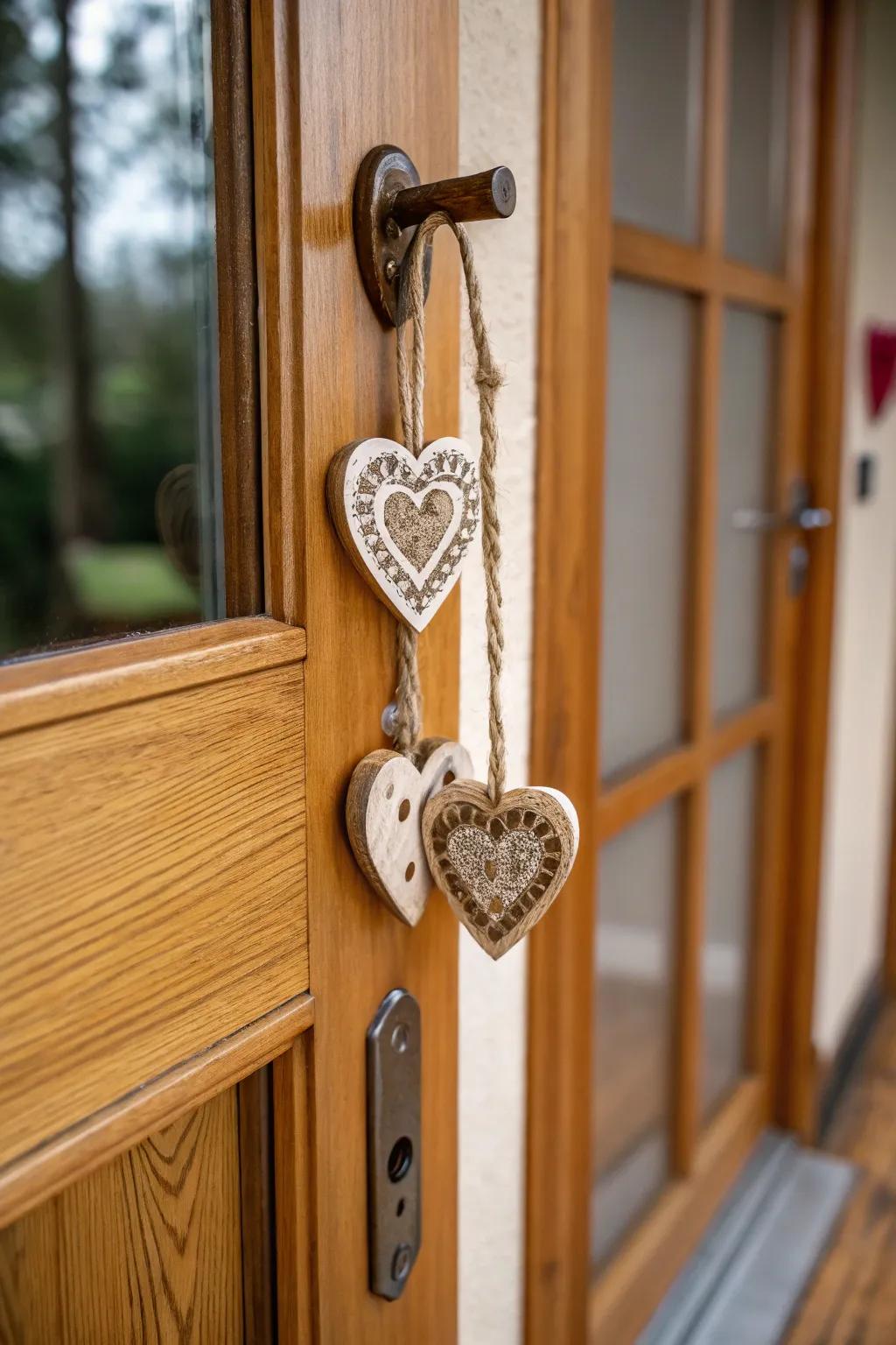 Your entryway is given a handcrafted feel by rustic wooden hearts.