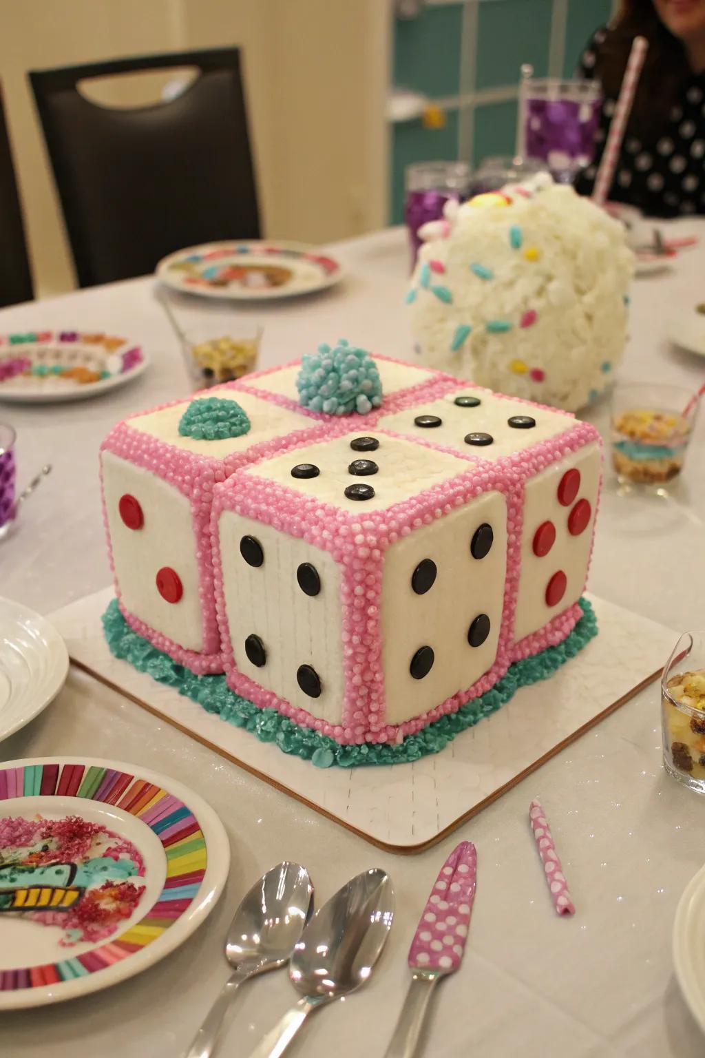 A dice cake is not only delicious but also a thematic centerpiece for your celebration.