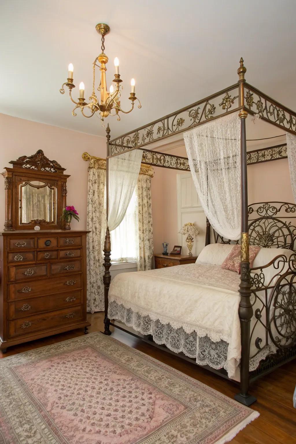 Wrought iron and brass contribute historical flair to Victorian decor.
