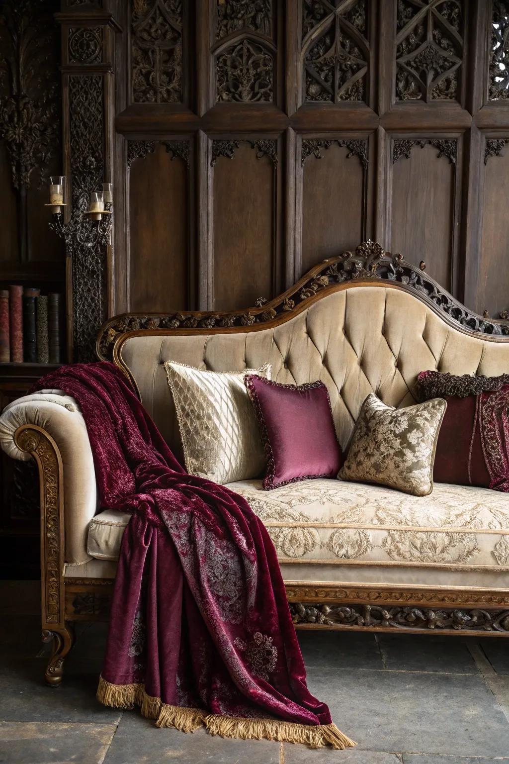 Lavish fabrics convey warmth and abundance to the area.