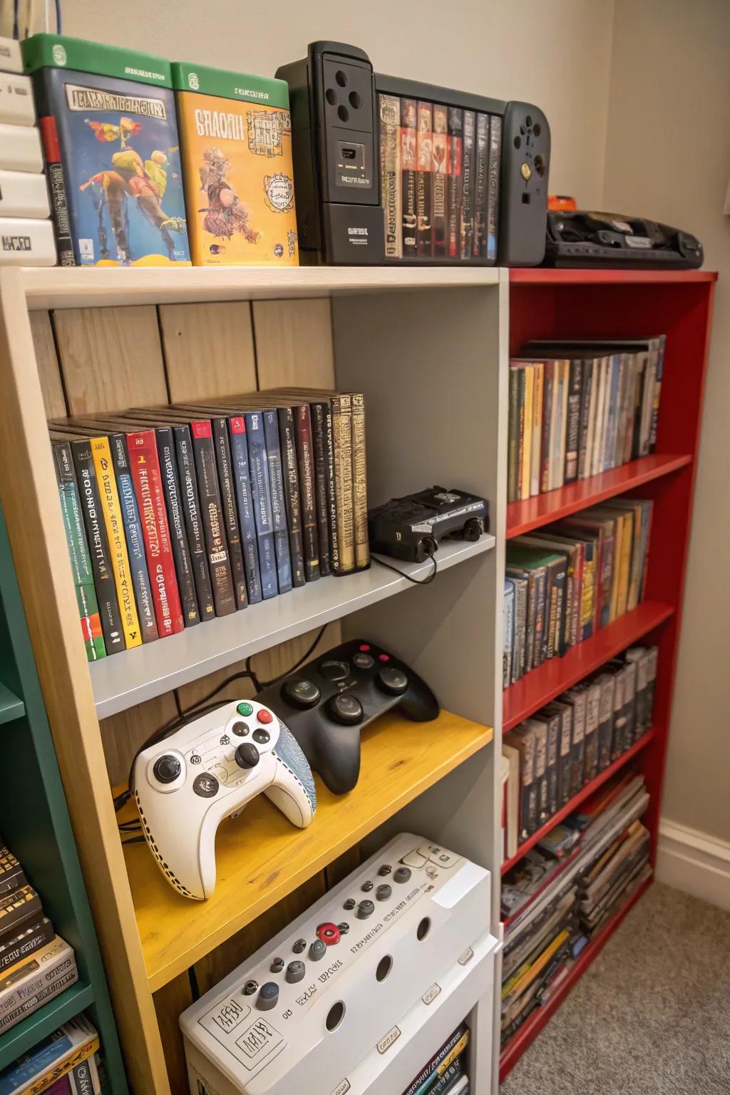 A reclaimed bookshelf unit housing a comprehensive video game compilation.