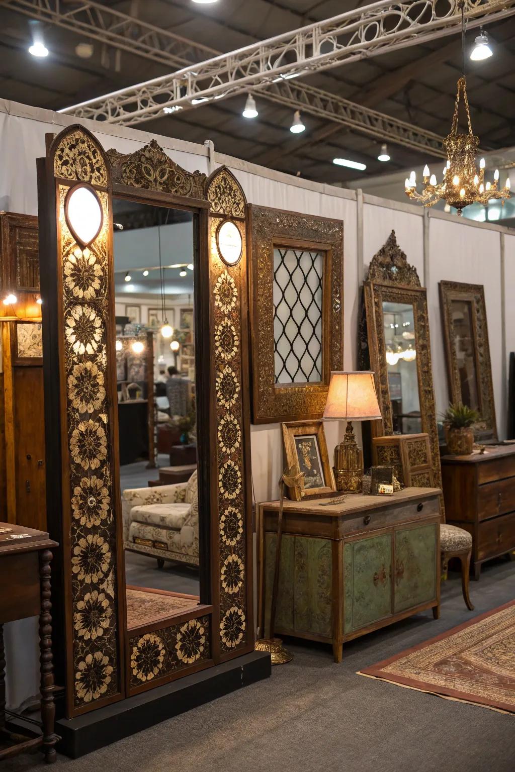 Utilizing antique mirrors to enhance booth displays.