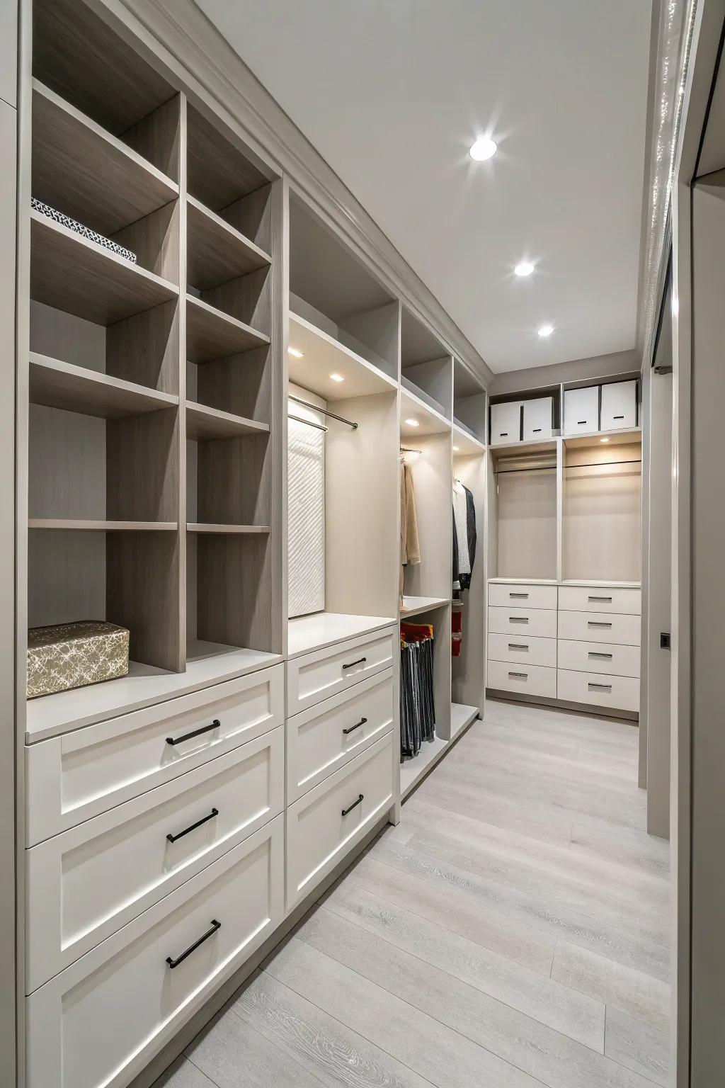 A walk-in closet exhibiting soft tones for a contemporary, peaceful ambiance.