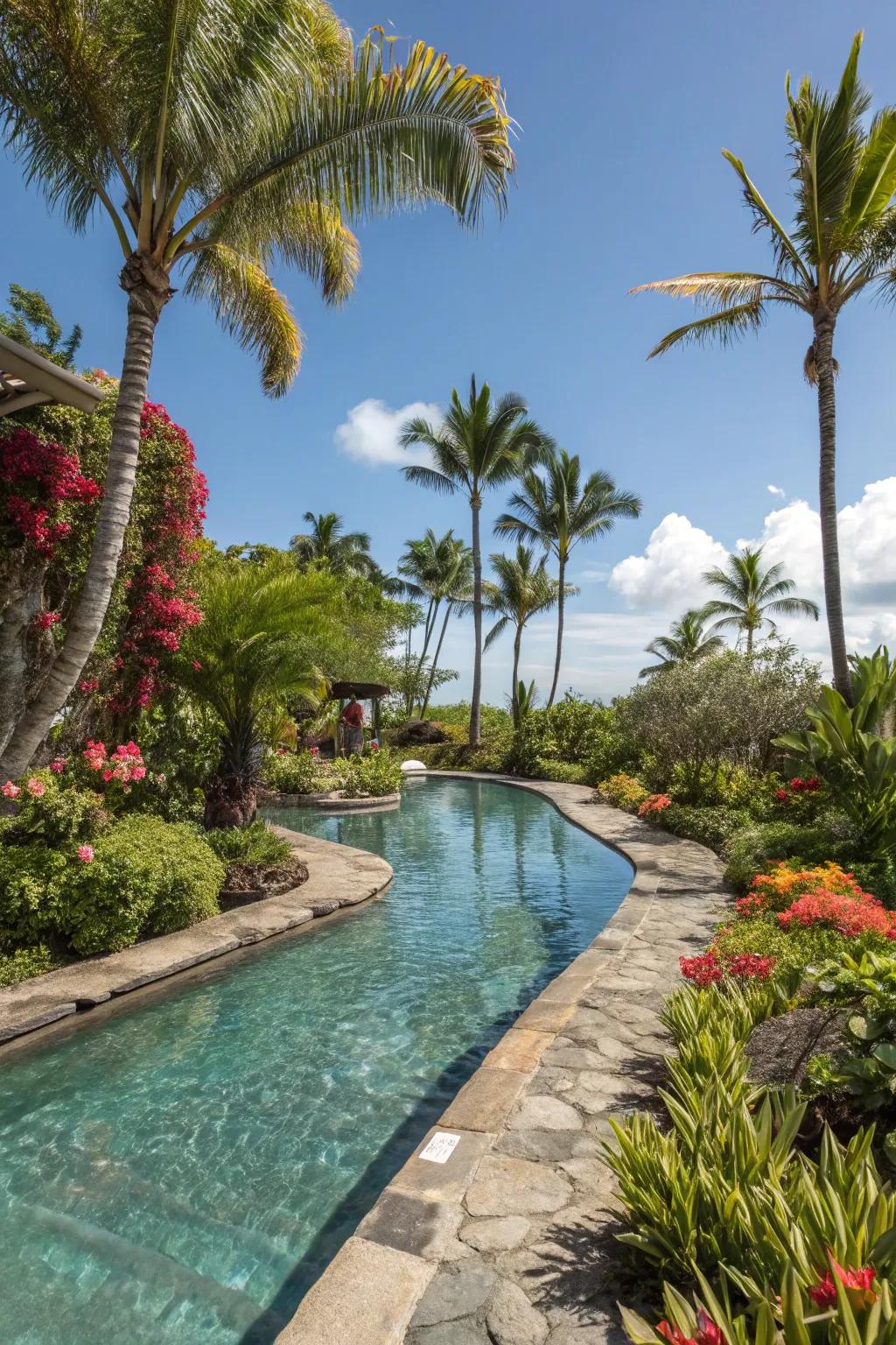 A tropical theme infuses vacation vibes into your backyard pool.