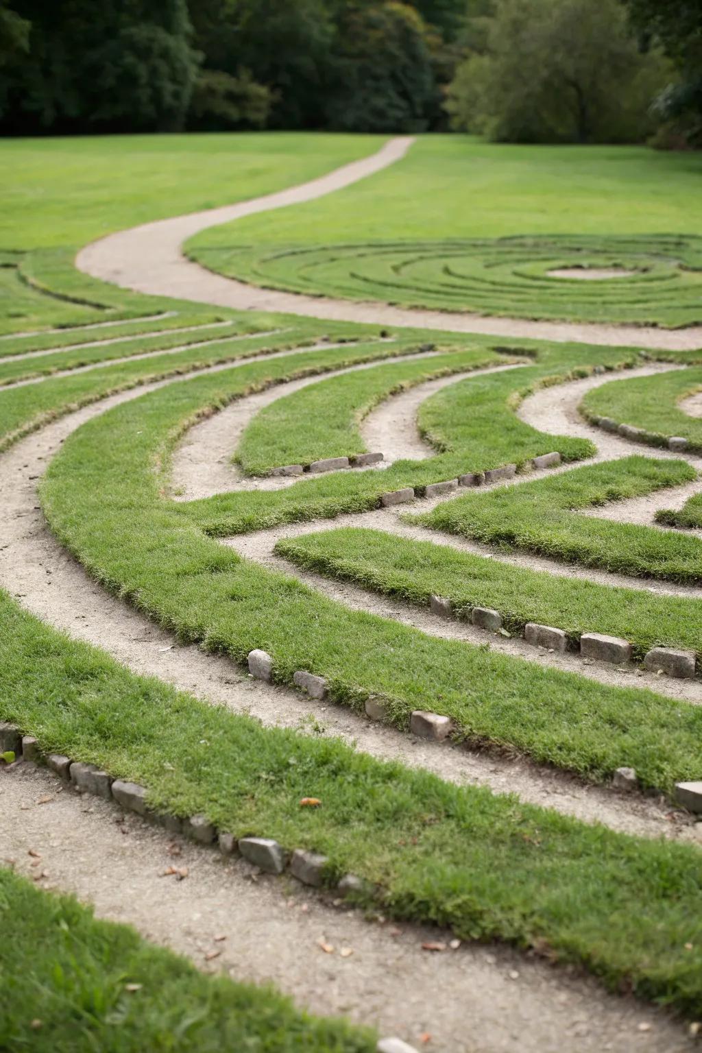 A minimalist grass cut labyrinth offers a simple yet refined design.