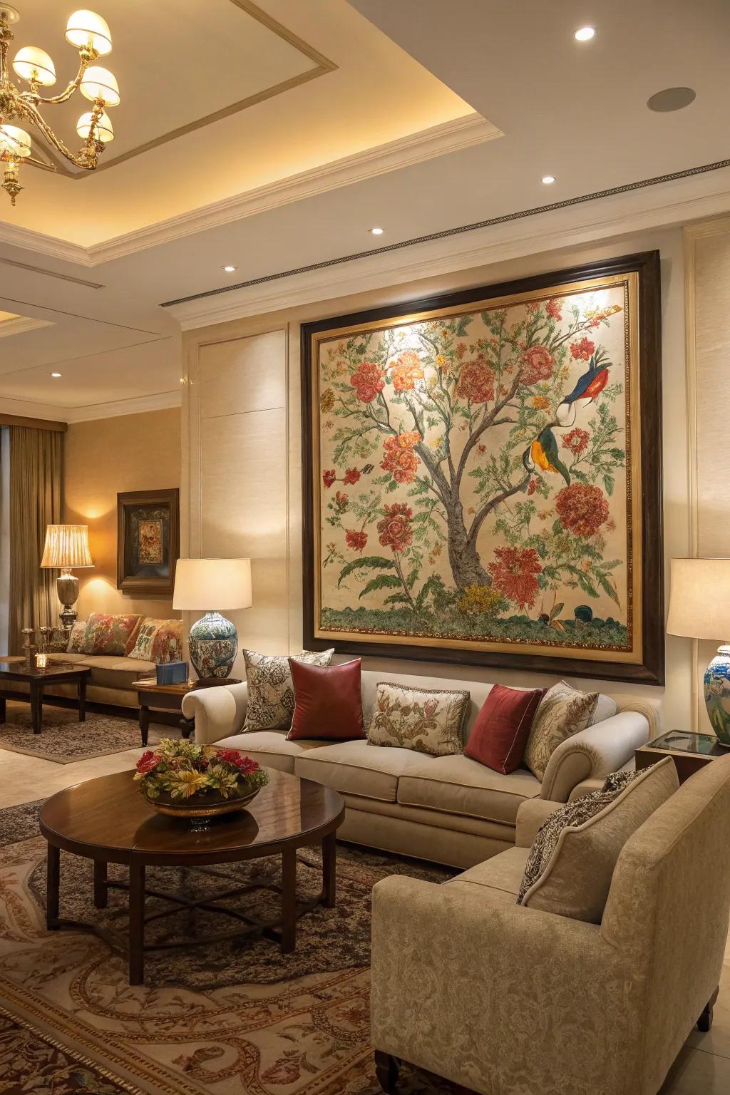 A living space featuring a grand centerpiece artwork.