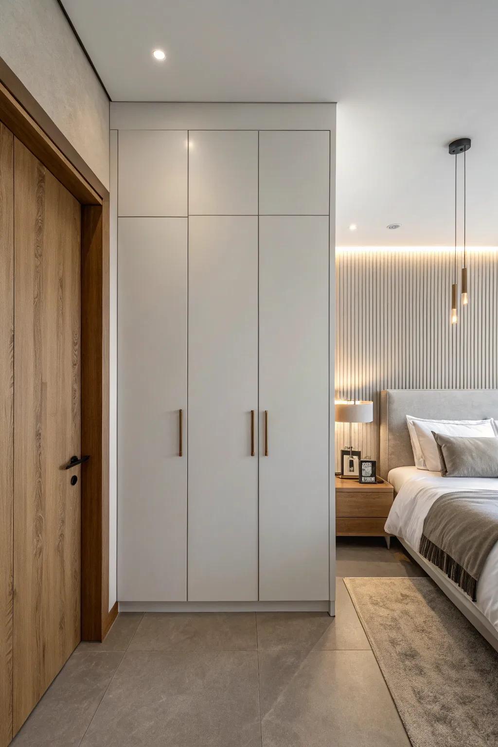 Understated wall closet design fosters a pristine and tranquil area.
