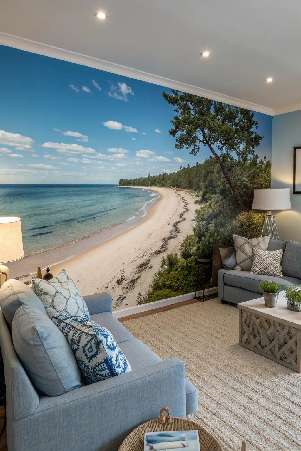 Unwind with the calming sensations of a seaside hideaway mural.