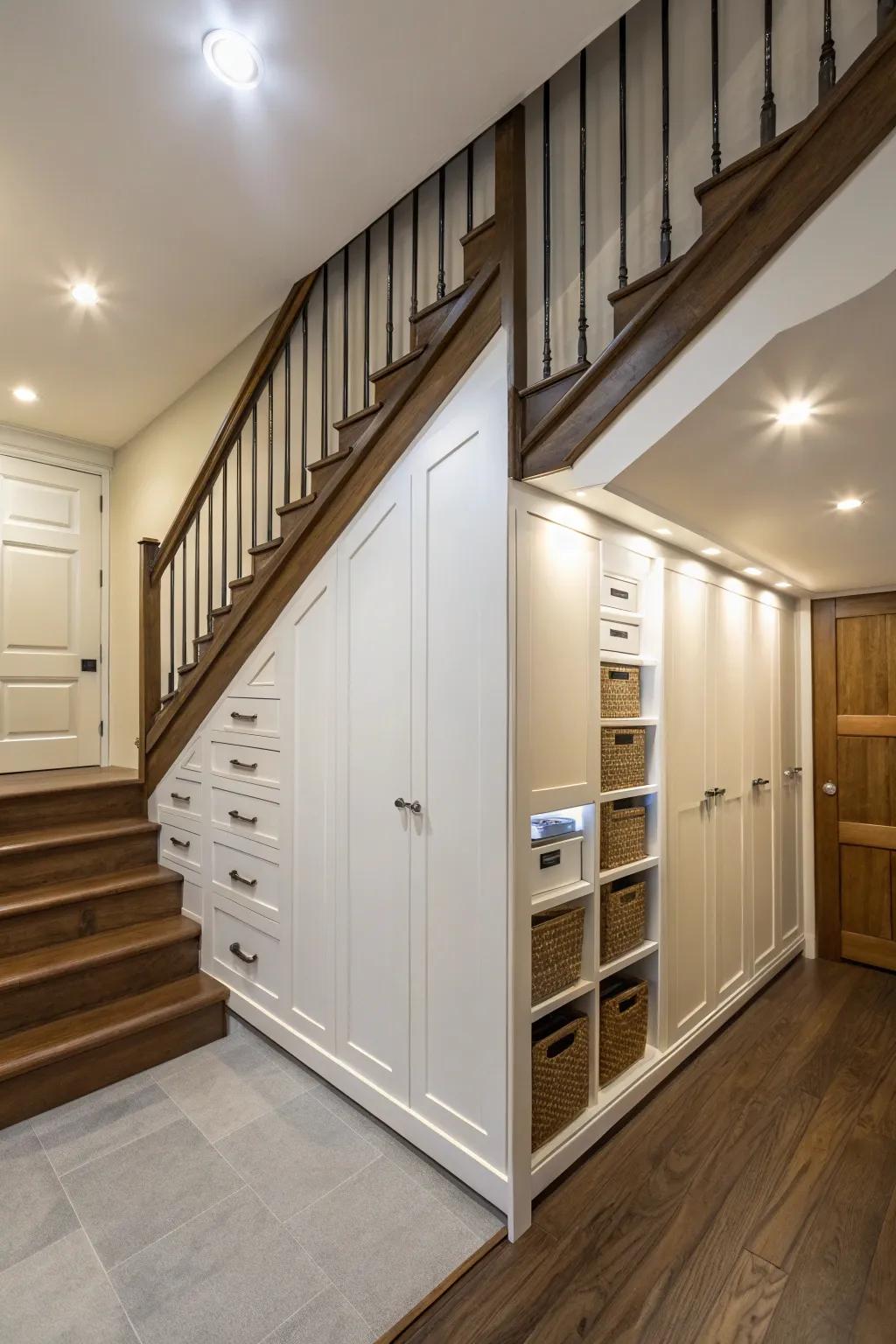 Concealed storage beneath the stairs helps keep your home neat.