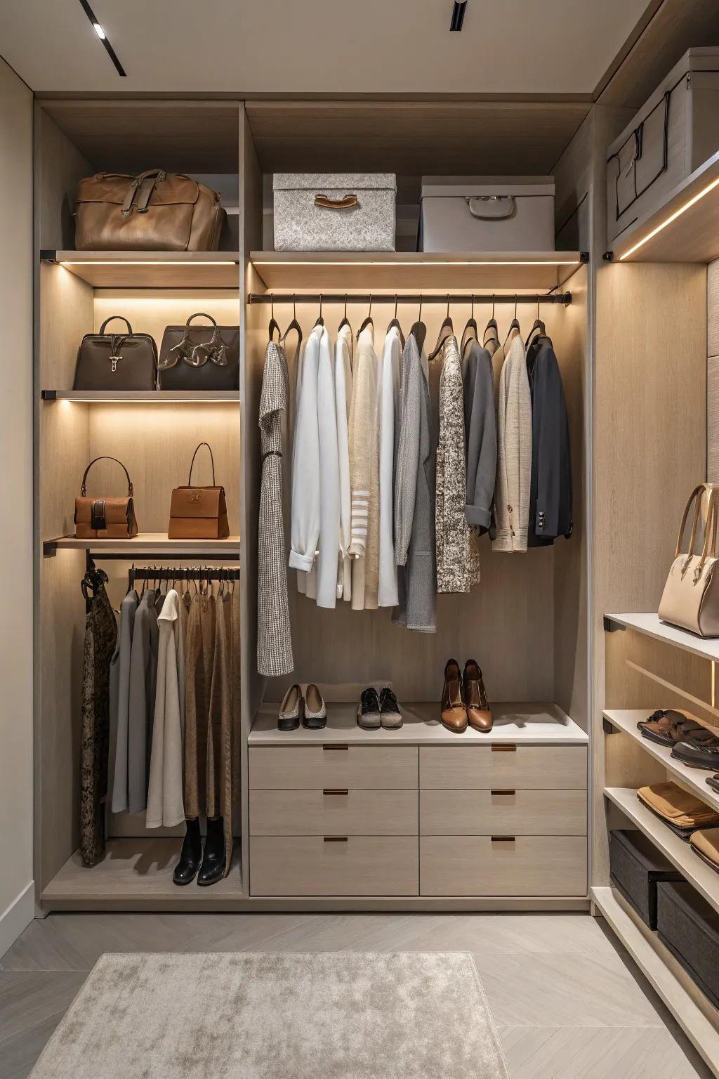 Subtle tones provide timeless appeal in wardrobe design.