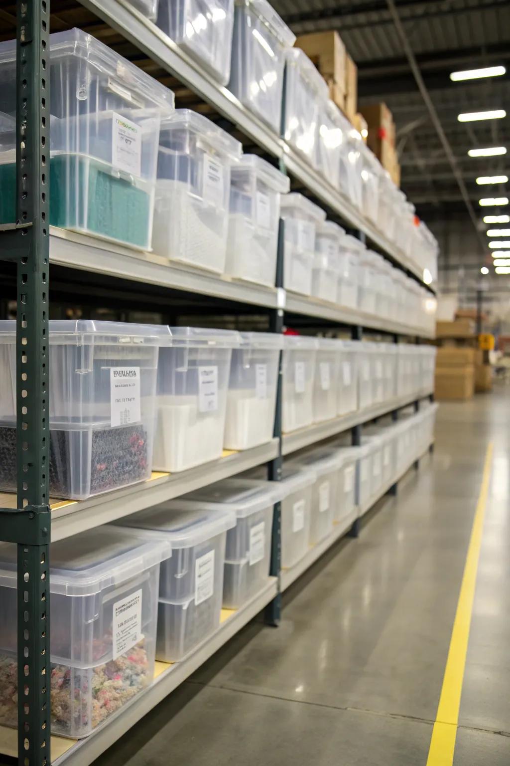 Clear bins provide visibility for quick identification of contents.