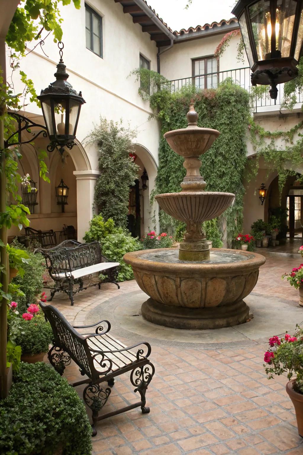 A vintage kettle water feature adds countryside elegance to your yard.