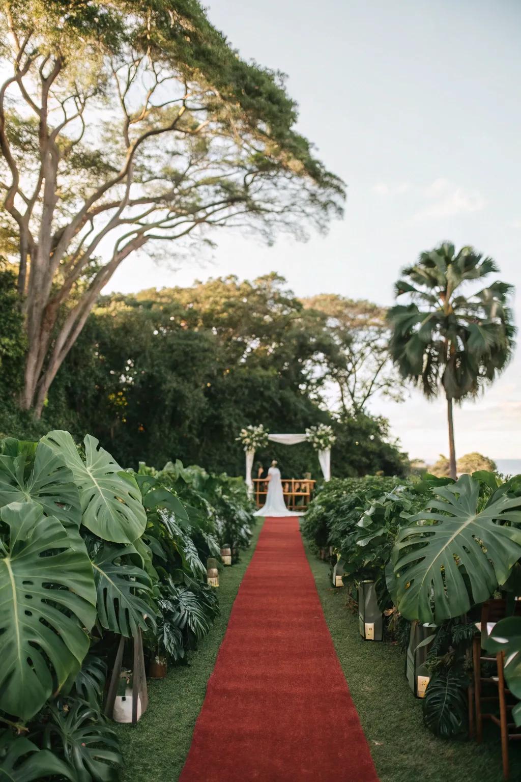 An abundant aisle showcasing vibrant tropical foliage, delivering an exotic atmosphere.