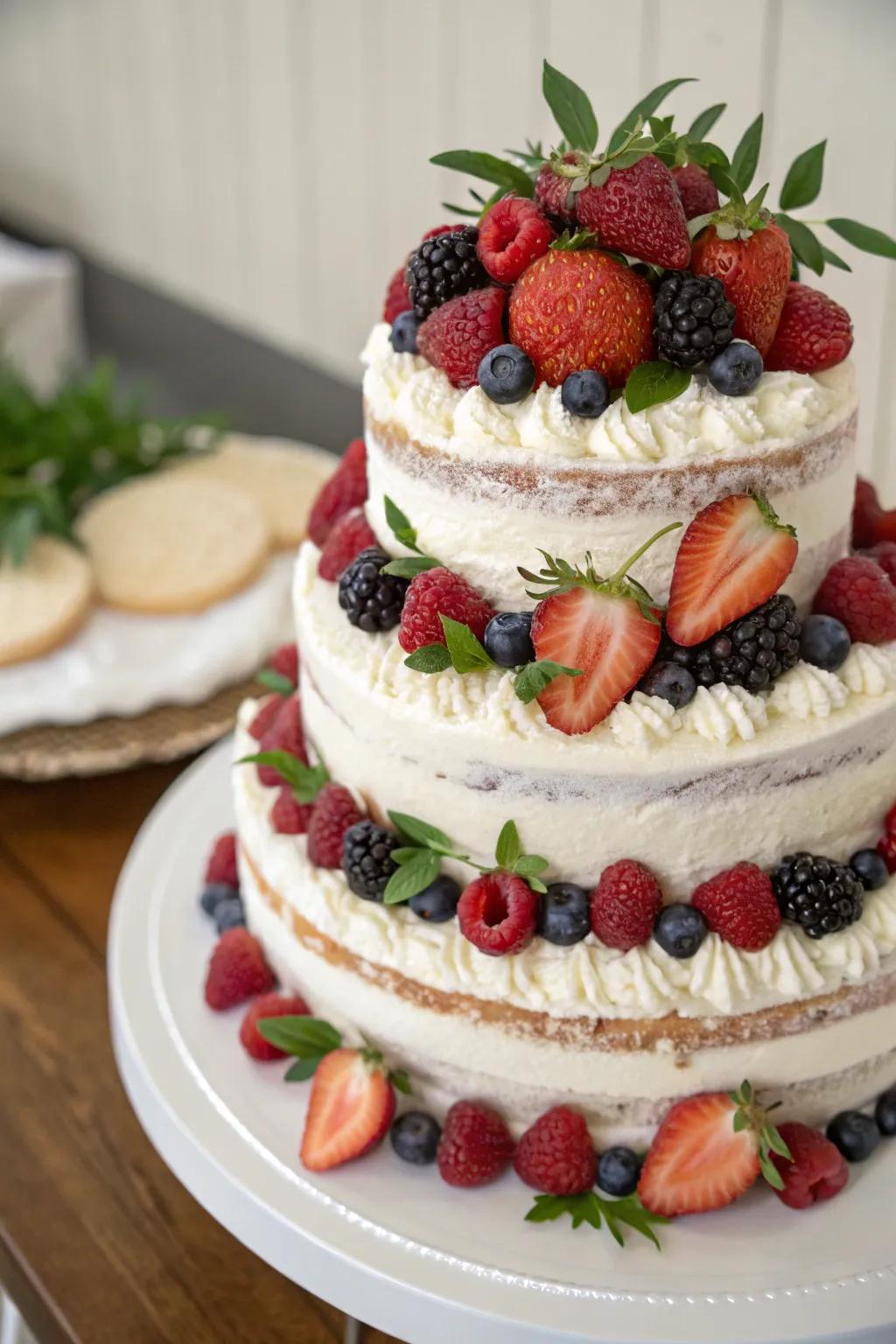 A wedding cake lavishly adorned with fresh berries for a burst of color.
