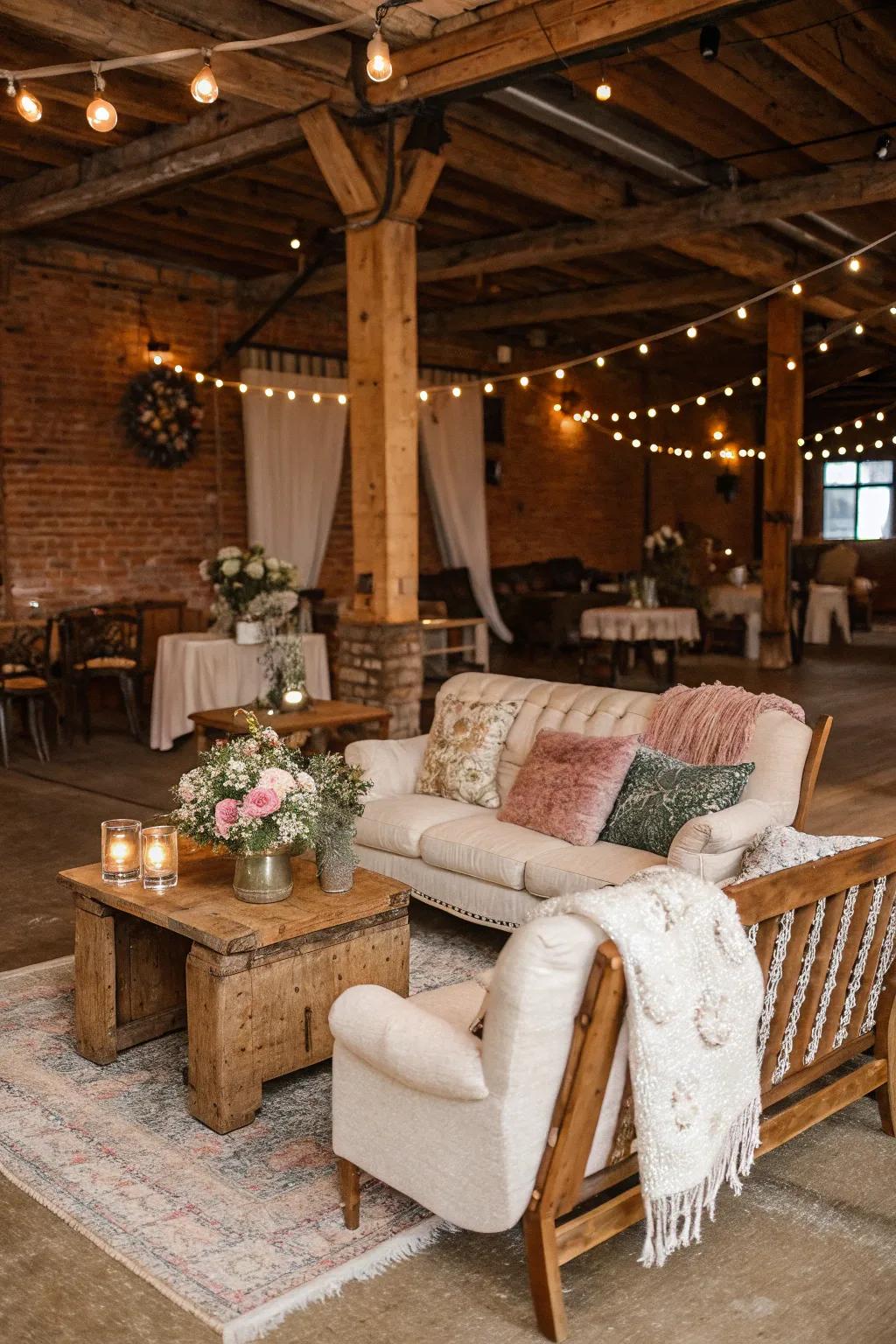 A naturally styled relaxing zone at a wedding, presenting historic furnishings and delicate textiles for guest comfort.