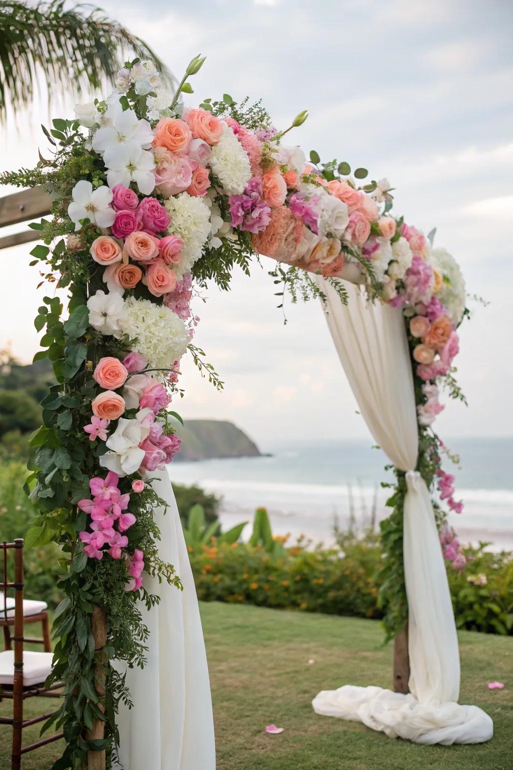 Varied floral arch adorned with orchids and peonies