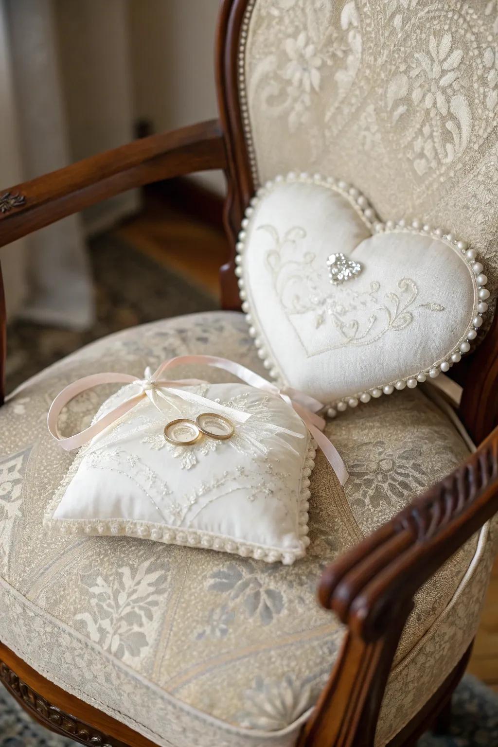 Unique wedding ring pillows fashioned in heart and round forms.