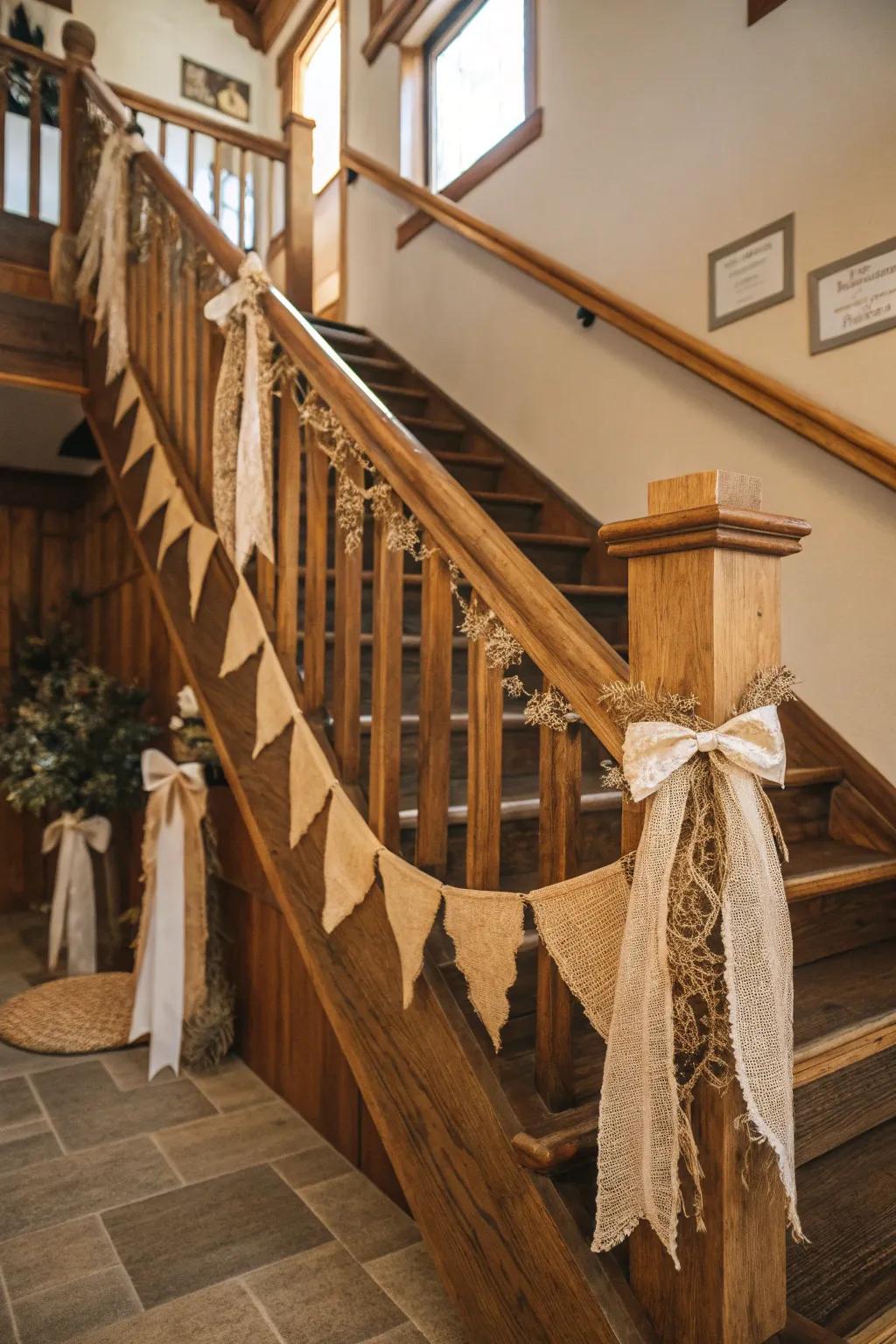 Rustic wood details and unrefined fabric impart a comfortable charm to this stairway.