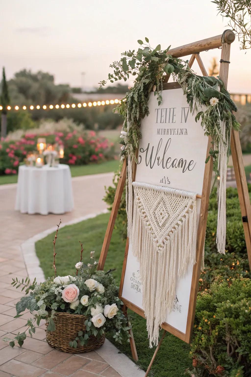 A boho chic welcome sign with macramé and greenery, perfect for an outdoor wedding.