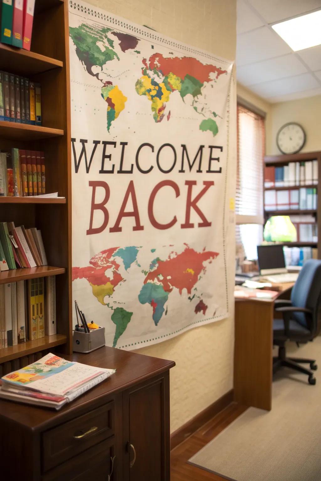 A world map-themed poster adds a global touch to a study space.