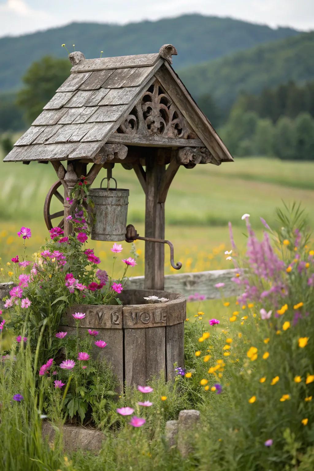 Traditional design elements bestow rustic allure upon this well cover.