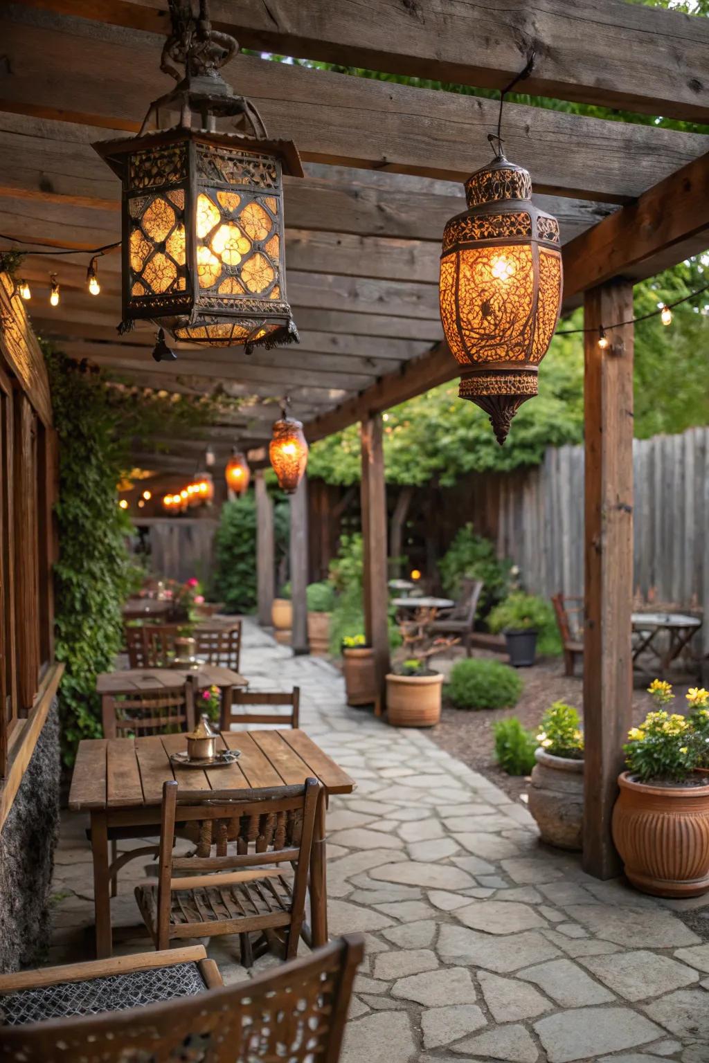 Lights bring a touch of country elegance to the patio.