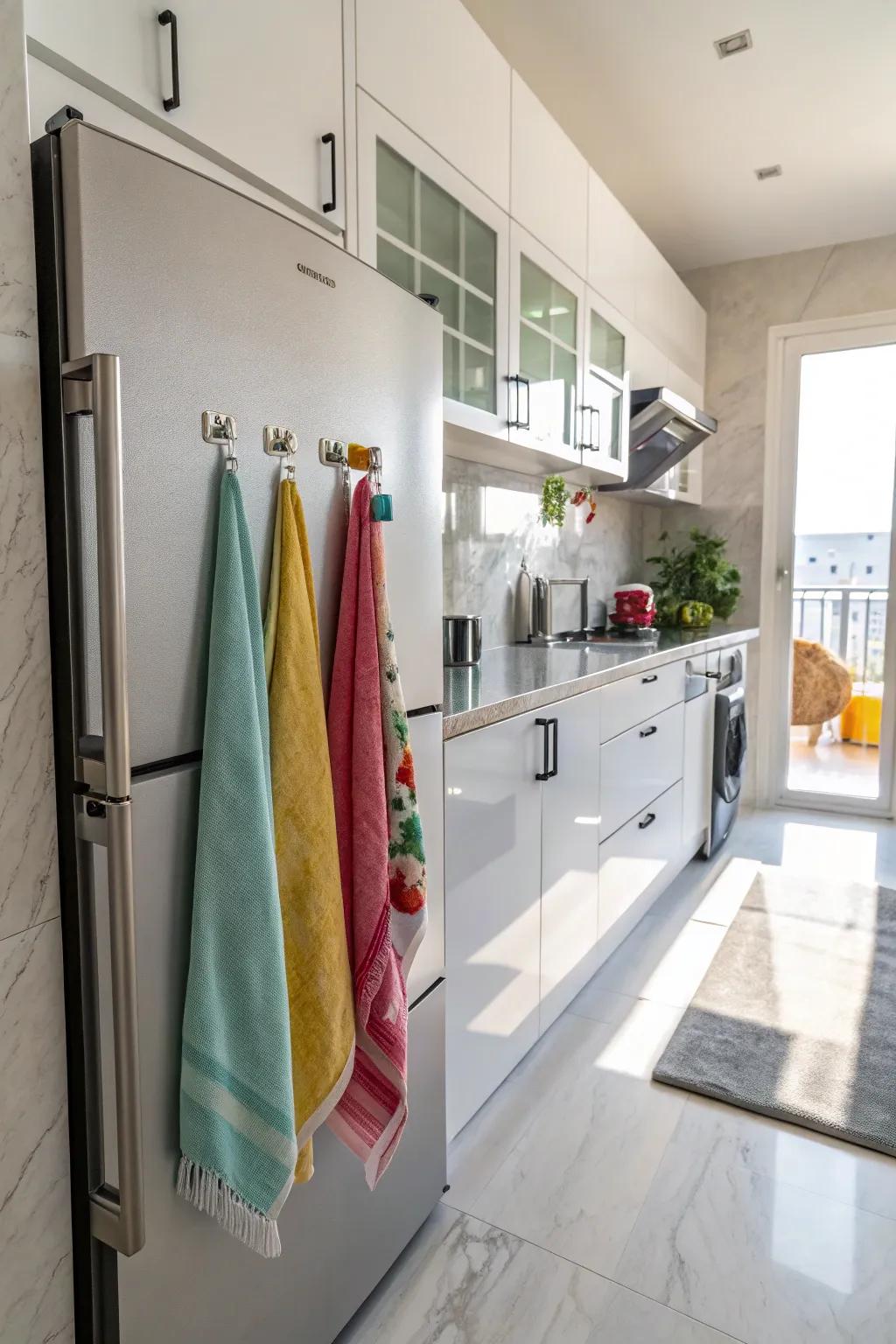Hang towels on the icebox panel for an unforeseen and handy storage point.