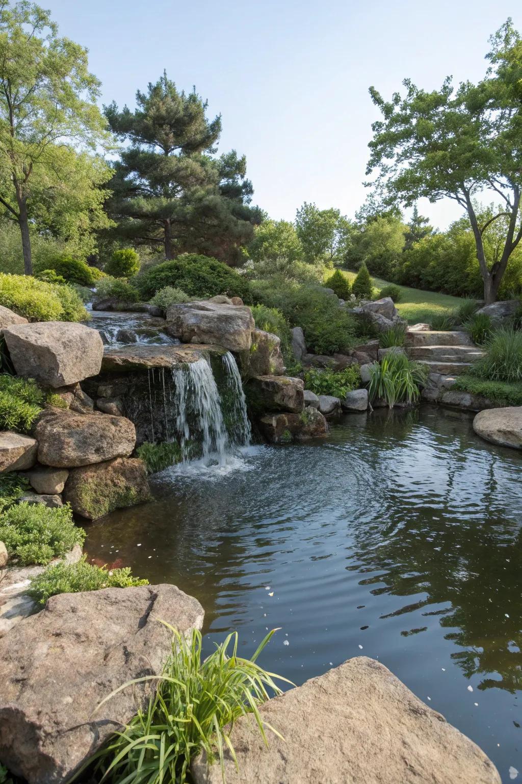 Aquatic elements like modest cascades fashion a serene garden atmosphere.