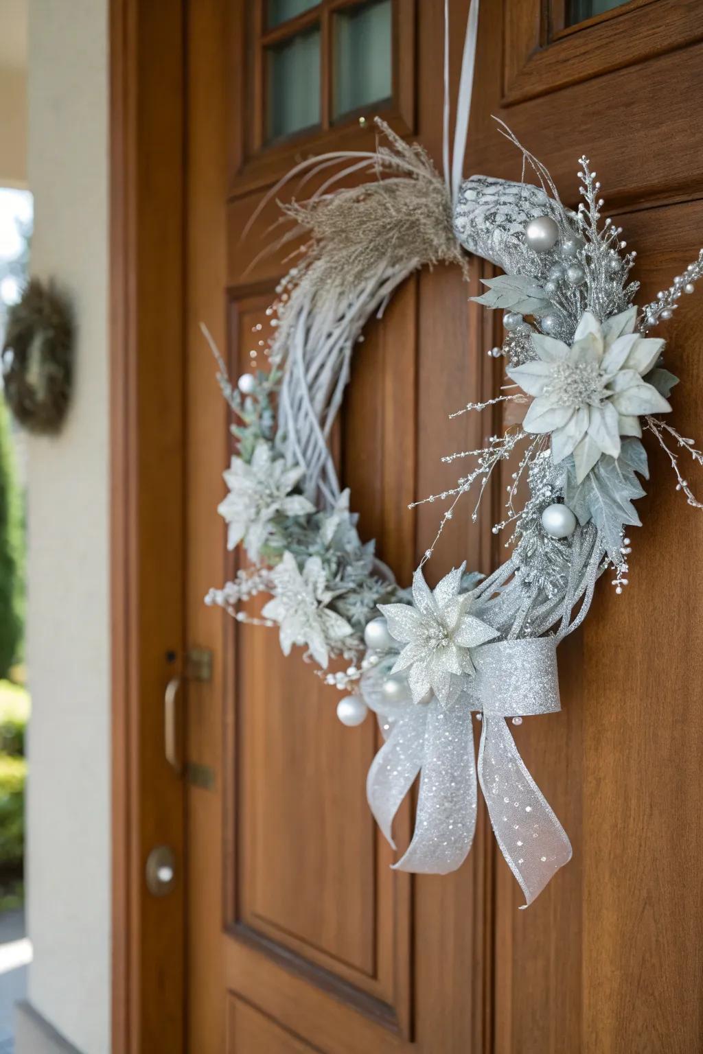 Welcome guests with a striking silver and ivory wreath.