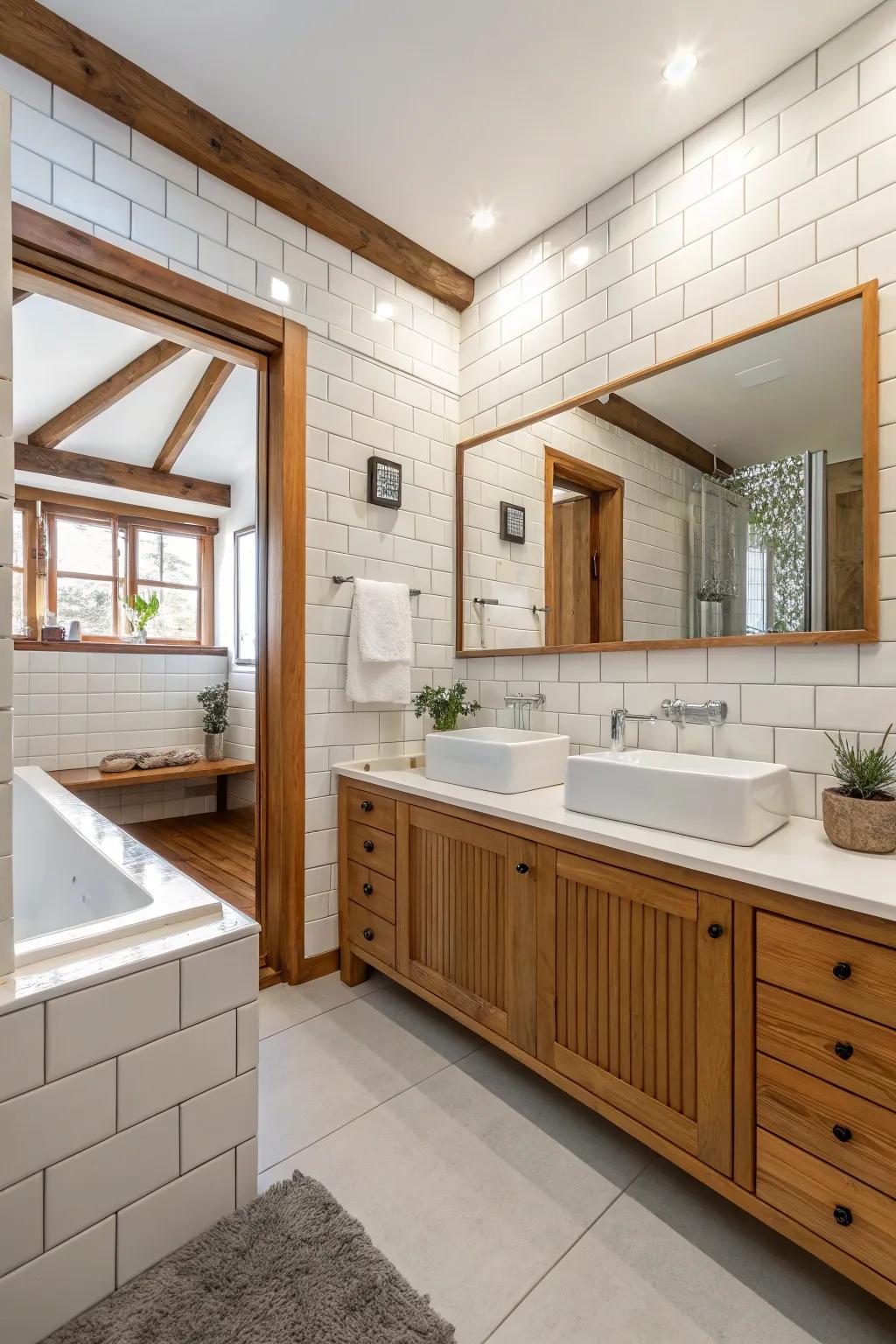 Mixed materials add texture and depth to a bleached-tiled bathroom.