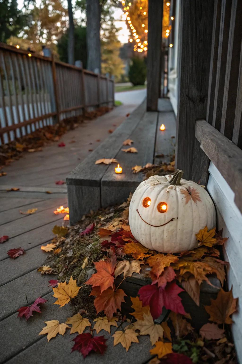 A sculpted pumpkin beautifully set in a festive outdoor arrangement.