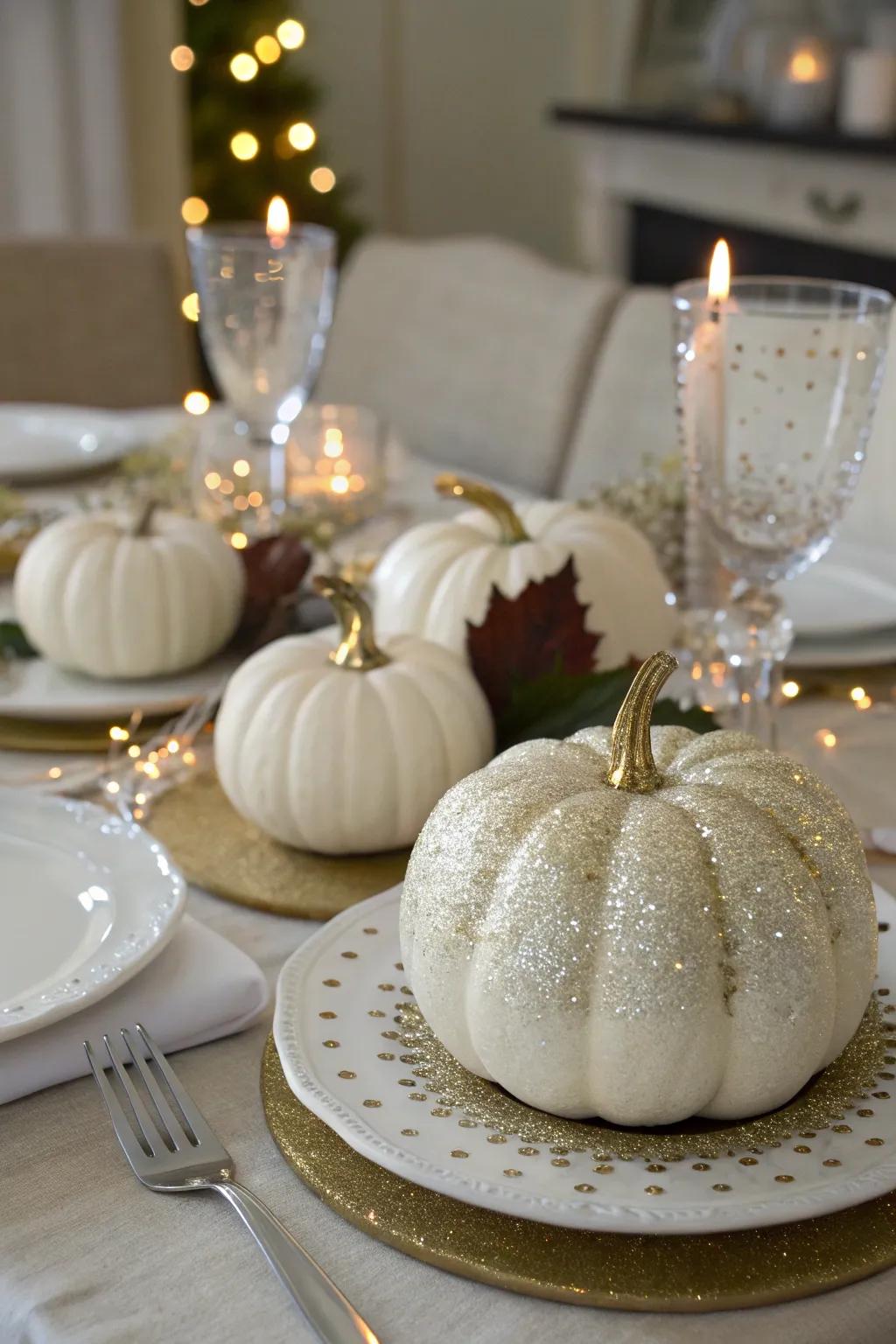 Pumpkins covered in glitter for a dazzling presentation.