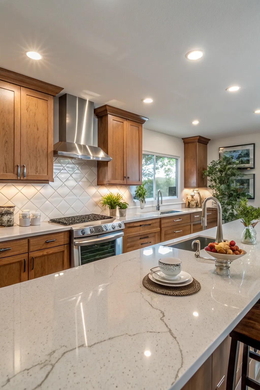 Stone composite backsplash acts as a striking feature wall in the kitchen.