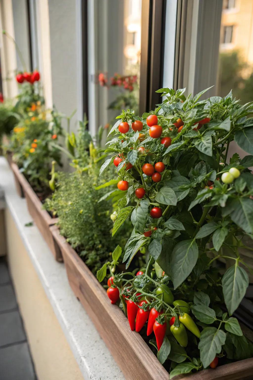 A fruitful window box showcasing miniature tomatoes and peppers