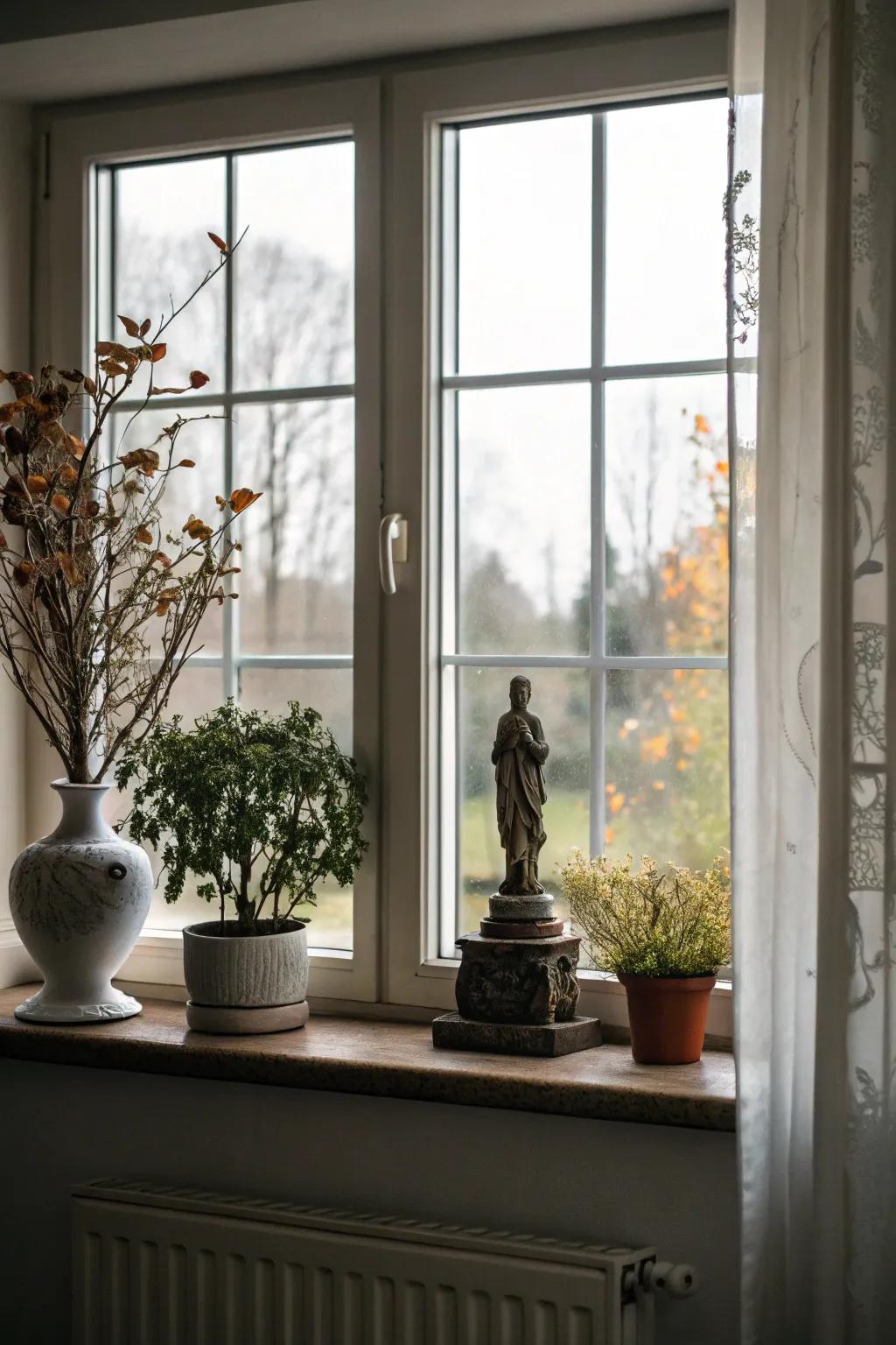 A small sculpture adds an artistic flair to this windowsill.