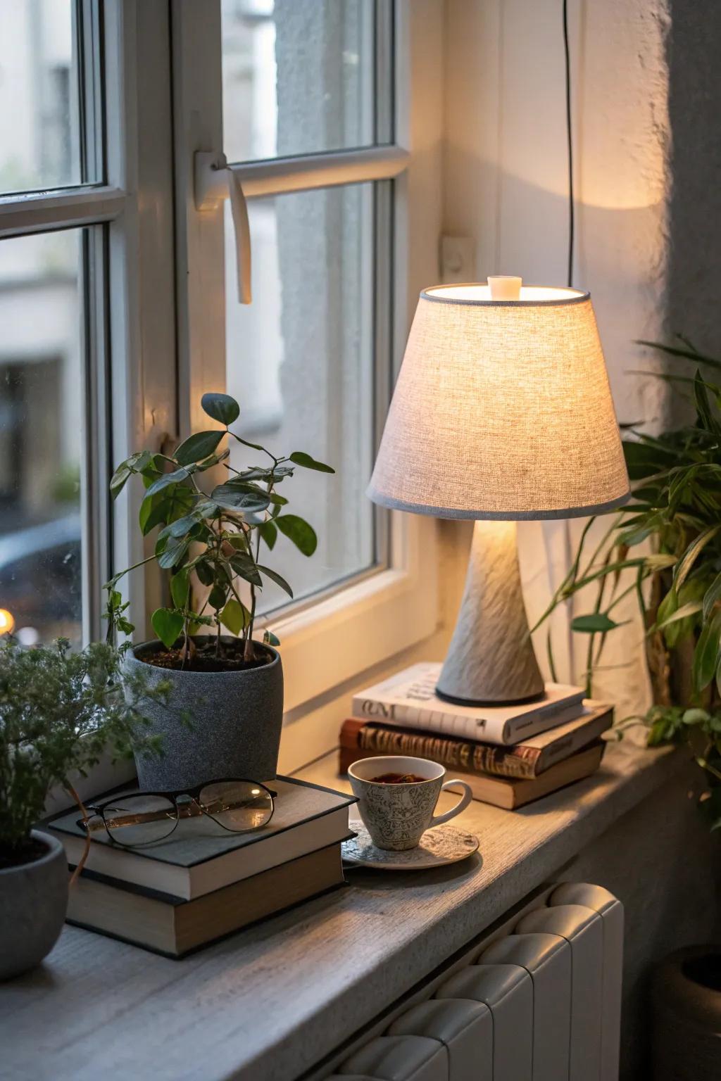 A lamp on the windowsill presents both utility and style.