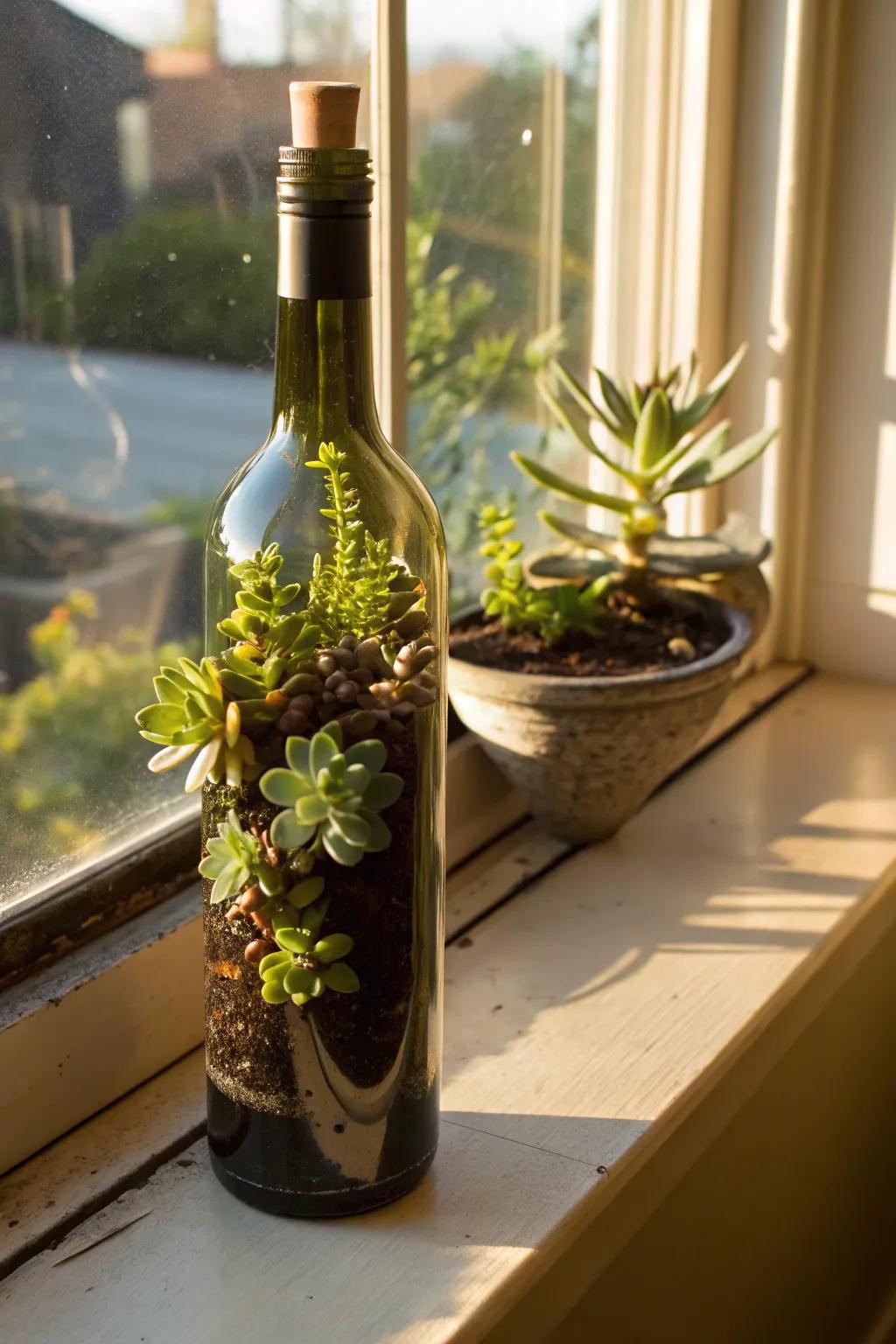Wine bottles as water-retaining plant pots make for sustainable decor.